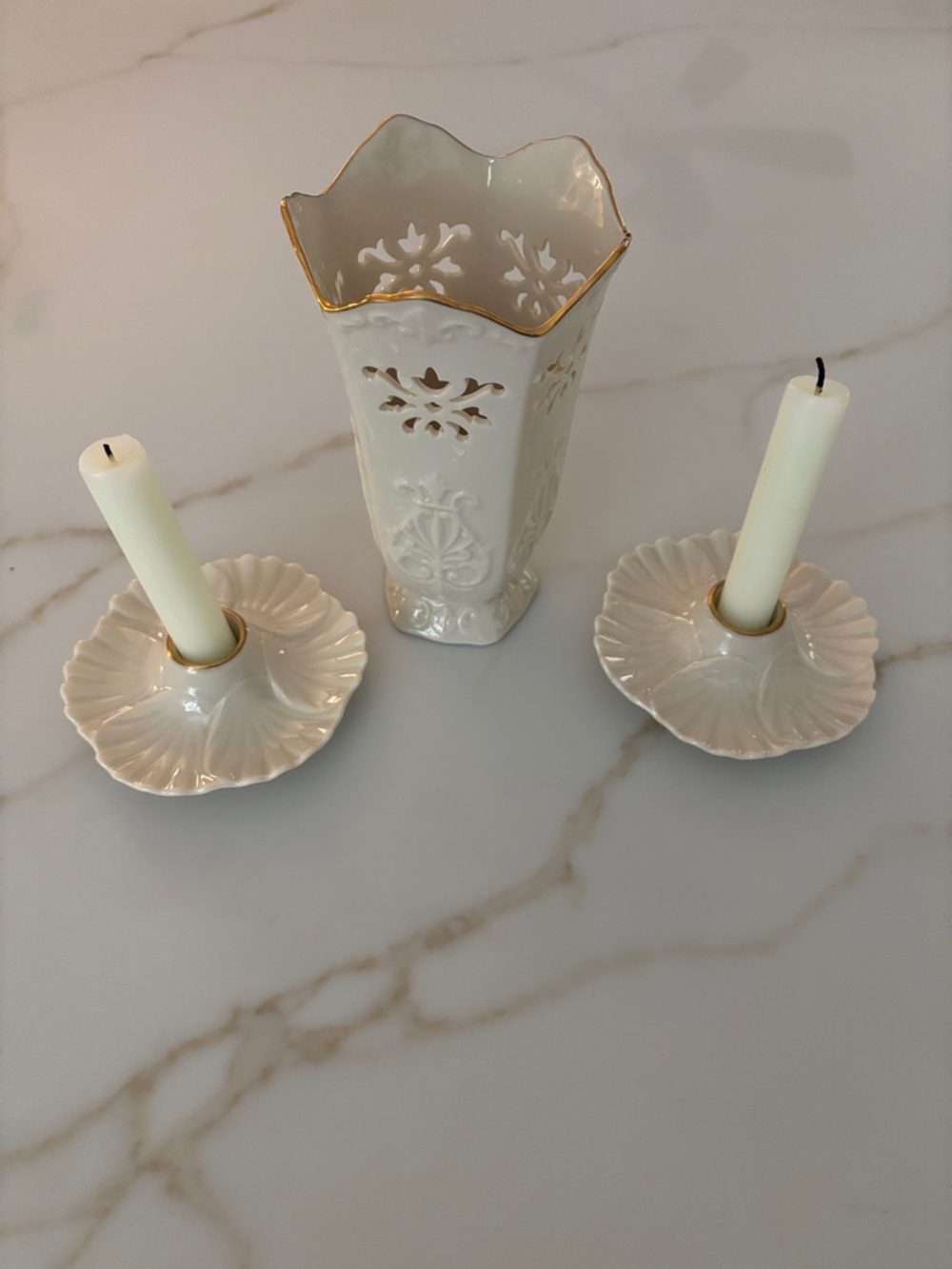 Vintage Lenox Langtry 7" Ivory  Pierced Vase 24kt Gold Trim & Shell candlestick